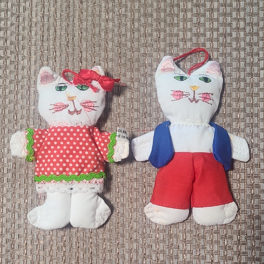 Vintage Quilted Stuffed Cat Christmas Ornaments Kurt Adler Mixed Pair Plush